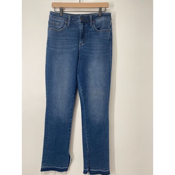 Max Studio Indigo Women's High Rise Slim Straight Jean Raw Hem Sz 10 - Picture 1 of 10